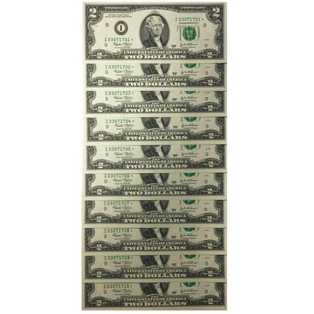 10 Consecutive Serial # Uncirc. $2 (2003) BILL * STAR * NOTES in 10-Page