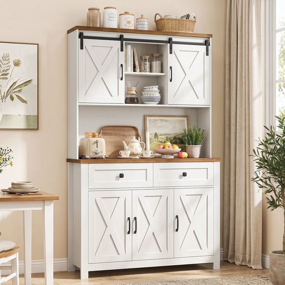 67" Tall Kitchen Pantry Cabinet with Sliding Barn Doors & 2 Drawer, Farmhouse Storage Cabinet with Adjustable Shelf, Buffet Cupboard