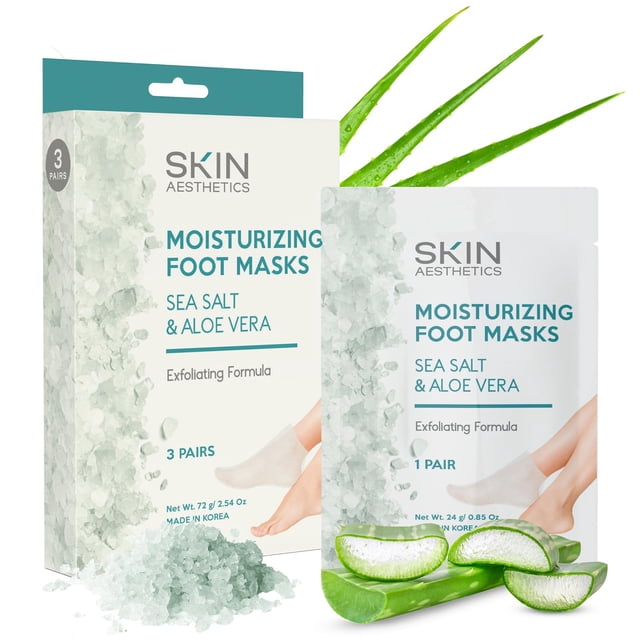 Skin Aesthetics Mascarillas para pies con sal marina y aloe - Hidrata y exfolia los pies secos y agrietados Mascarilla hidratante para pies - Cuidado de la piel coreano probado por dermatólogos - Bell