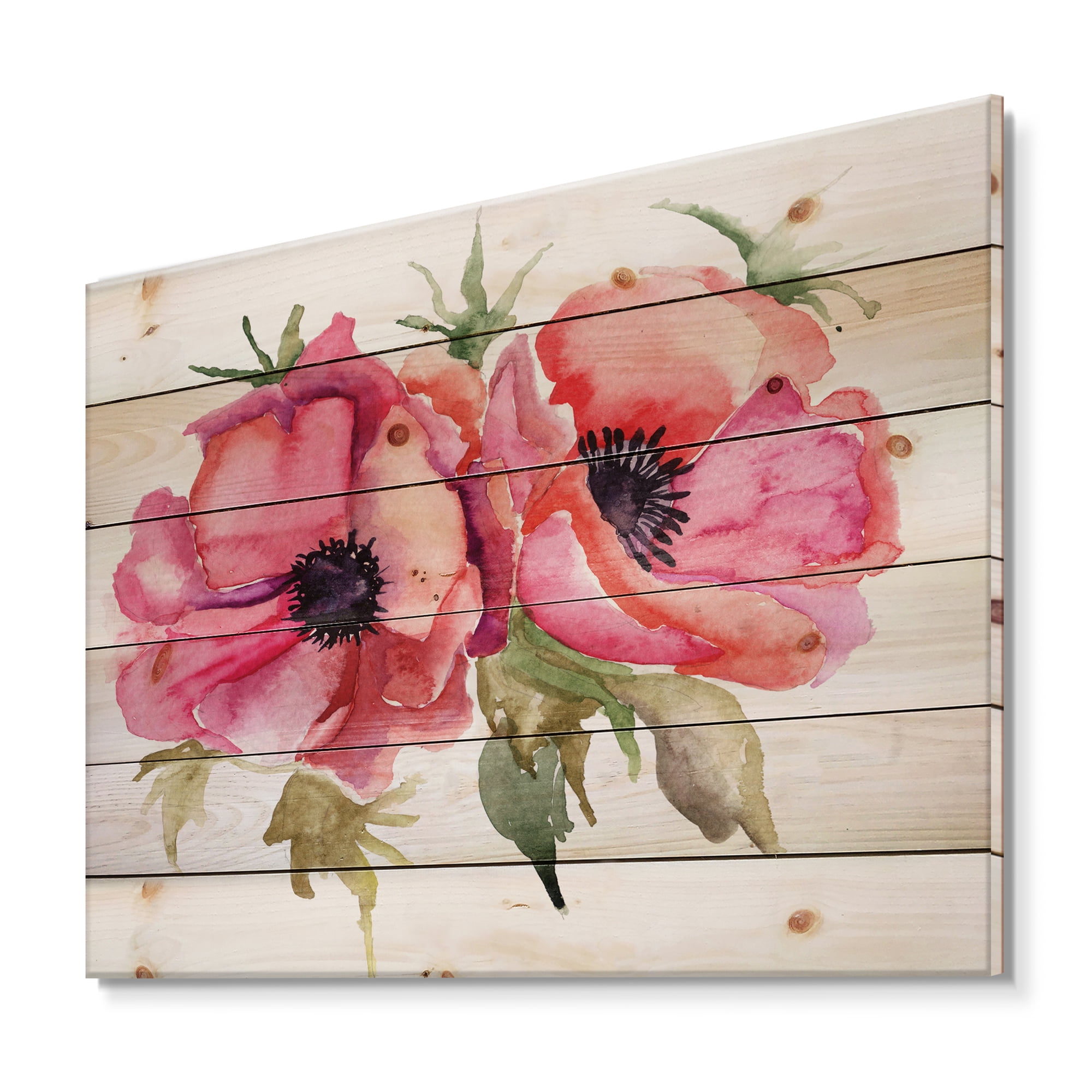 Designart 'Stylized Pink Poppy Flowers' Traditional Print on Natural Pine Wood