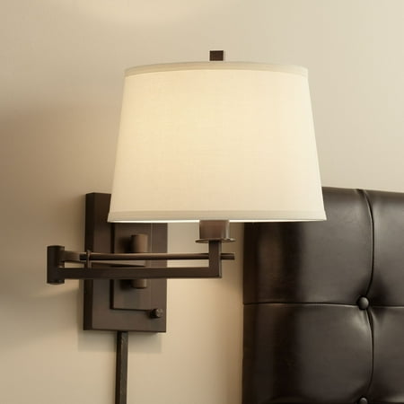

Franklin Iron Works Easley Rustic Farmhouse Swing Arm Wall Lamp Matte Bronze Plug-in Light Fixture Fabric Drum Shade for Bedroom Bedside Living Room