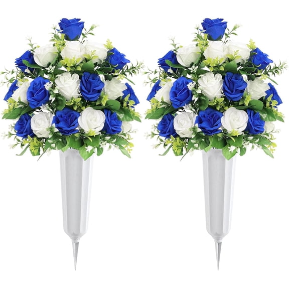 2Pcs Artificial Cemetery Flowers with Vase for Grave, Silk Memorial Day Rose Flowers Bouquet Outdoor Grave Flowers for Grave Vase Cemetery Graveyard Headstones