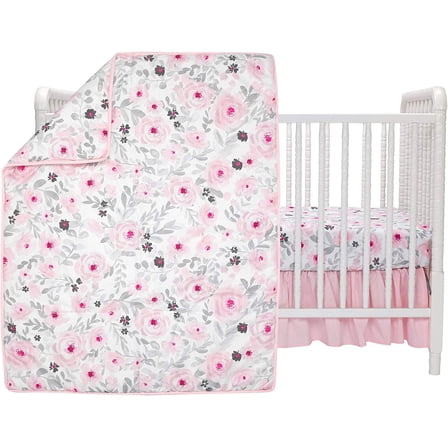 Pink Watercolor Floral 3-Piece Baby Crib Bedding Set