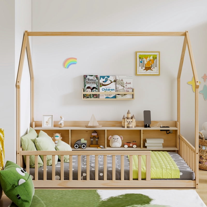 Twin Size House-Shaped Canopy Bed with Roof, Wood Kid's Floor Bed Frame with Storage Shelves, LED Lights & Charging Station