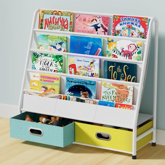 4-Tier Kids Bookshelf Sling Bookcase, Metal Frame Children Book and Toy Storage Organizer, Nursery Storage Shelf for Boys and Girls Room
