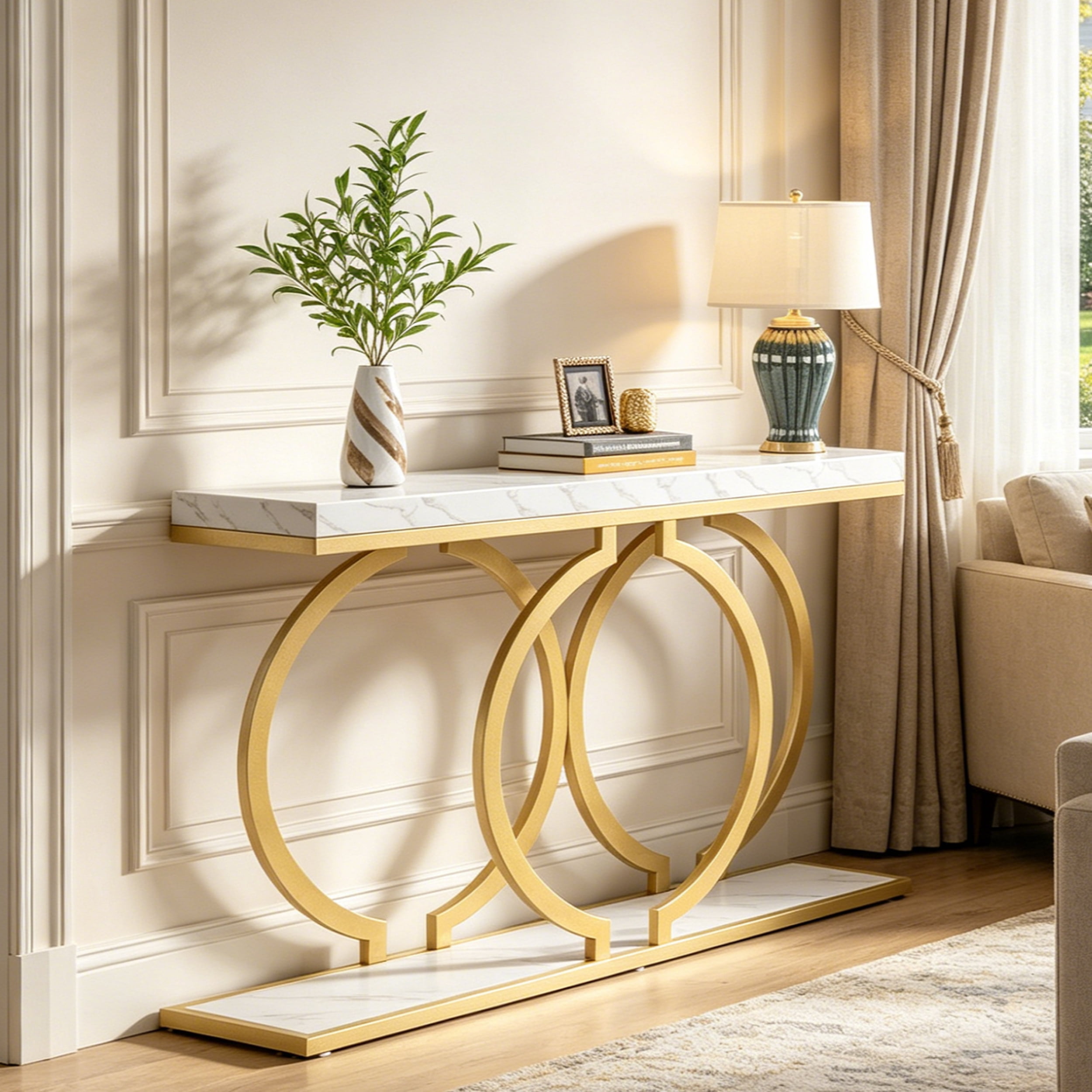 Fnova 55" Console Table, Modern Entryway Table with Geometric Metal Frame, Faux Marble Narrow Long Sofa Table for Living Room, Entrance, Hallway
