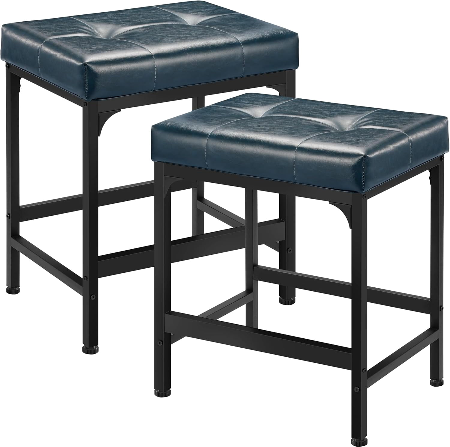Bar Stools Set of 2, Counter Height Barstools 24" with PU Leather, Upholstered Seat and Metal Base, 19.3" Wide Bar Chairs for Kitchen Island, Blue