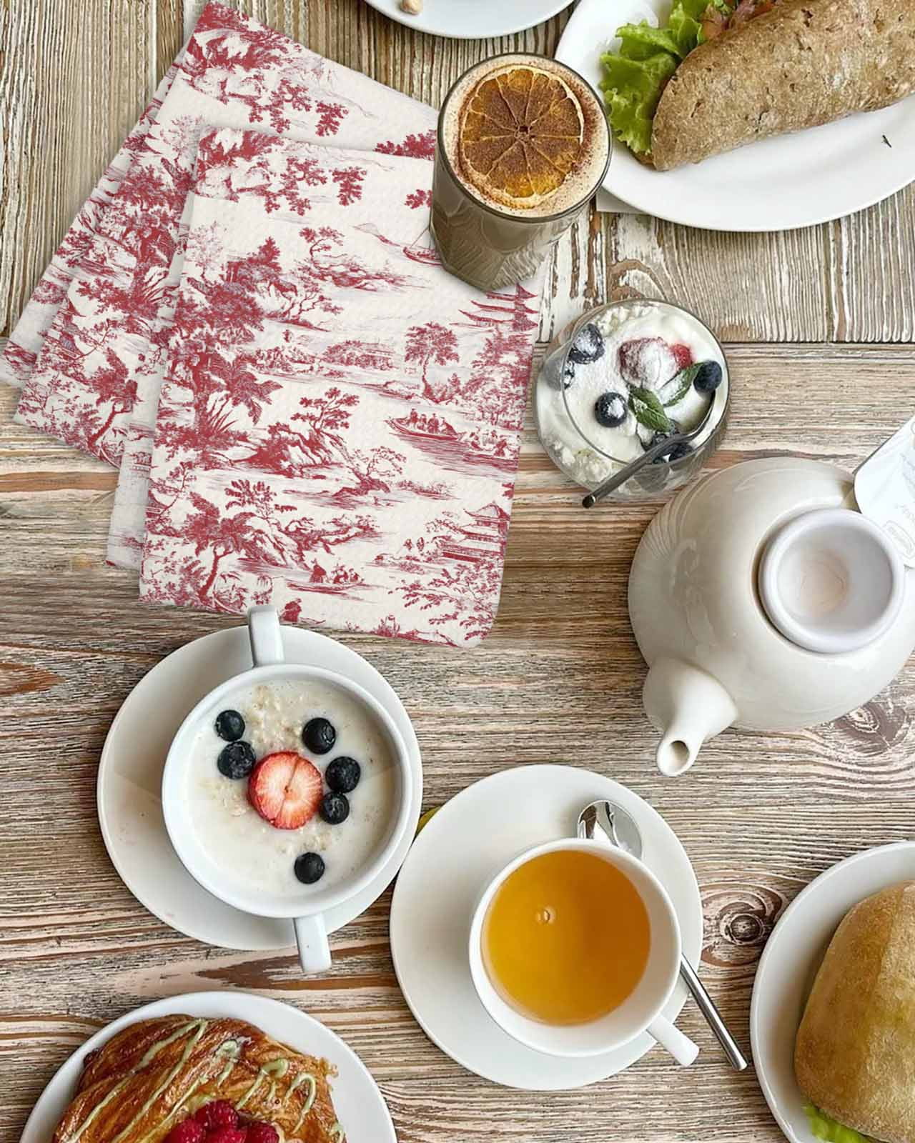 Red Garden Retro Kitchen Dish Towels for Drying Dishes Set of 4, Modern Art Building Tree Boat Waffle Weave Microfiber Terry Hand Tea Bathroom Towels Quick Dry & Absorbent Towel 15.7x23.6