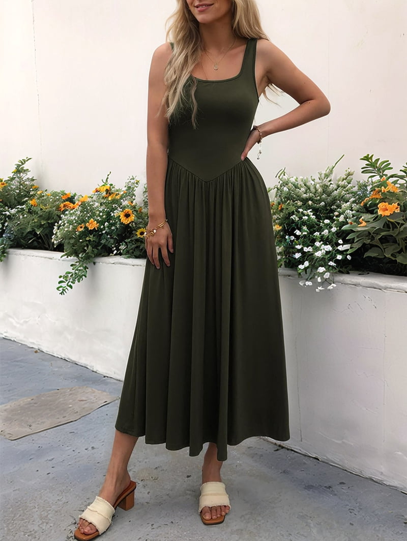 Women'S Summer Maxi Dress Sleeveless Square Neck Casual Beach Sundress with Pockets, Flowy Patchwork Knit Army Green XL