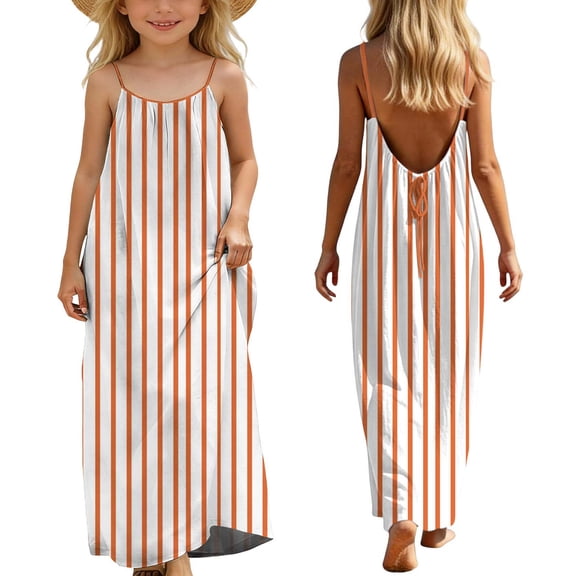 Xdegoge Linen Chic Kids Summer Boho Dress for Tween Girls Maxi A Line Spaghetti Strap Backless Tie Sundress Classic Striped Flowy Lightweight Cute Beach Vacation Party Holiday Outfit for Teen