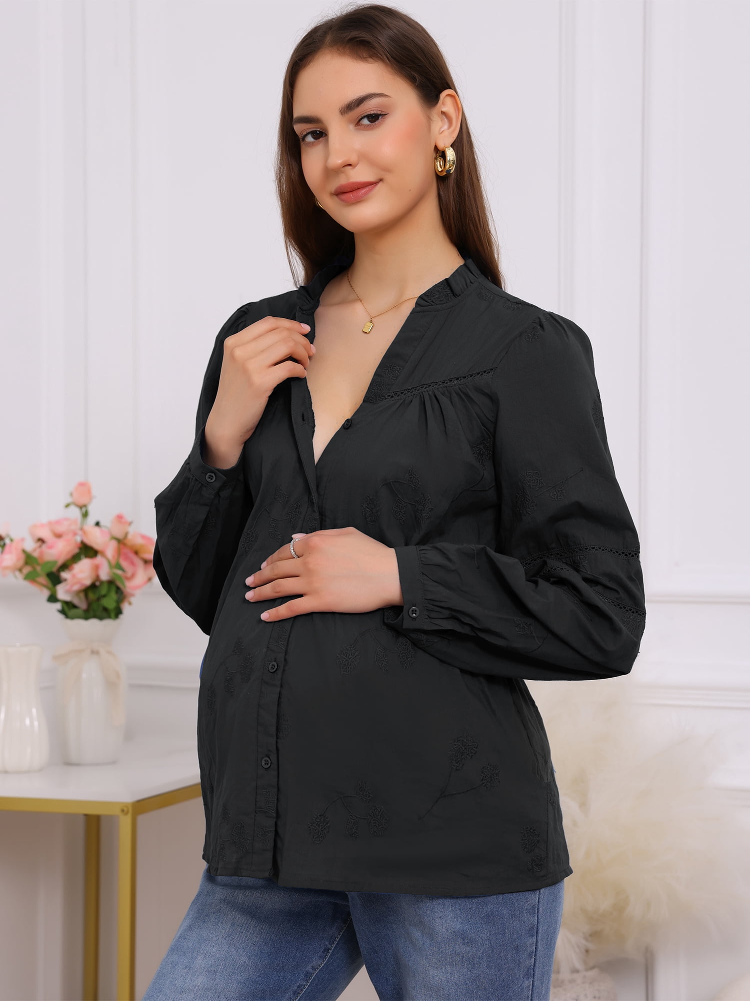 DARING DIVA Women's Maternity Cotton Button Down Long Sleeve Jacquard Blouse L Black