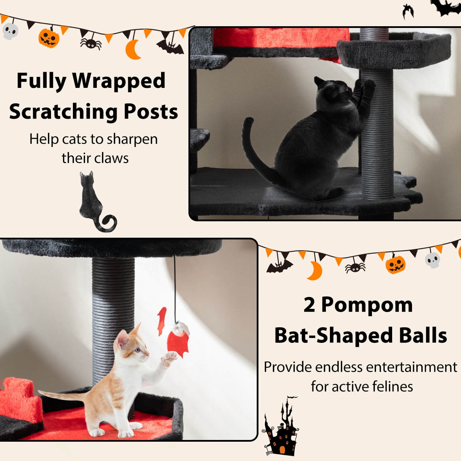 Infans Gothic Cat Tree 49" Tall Cat Tower w/ Coffin Bed & 2 Condos & Cozy Perch,