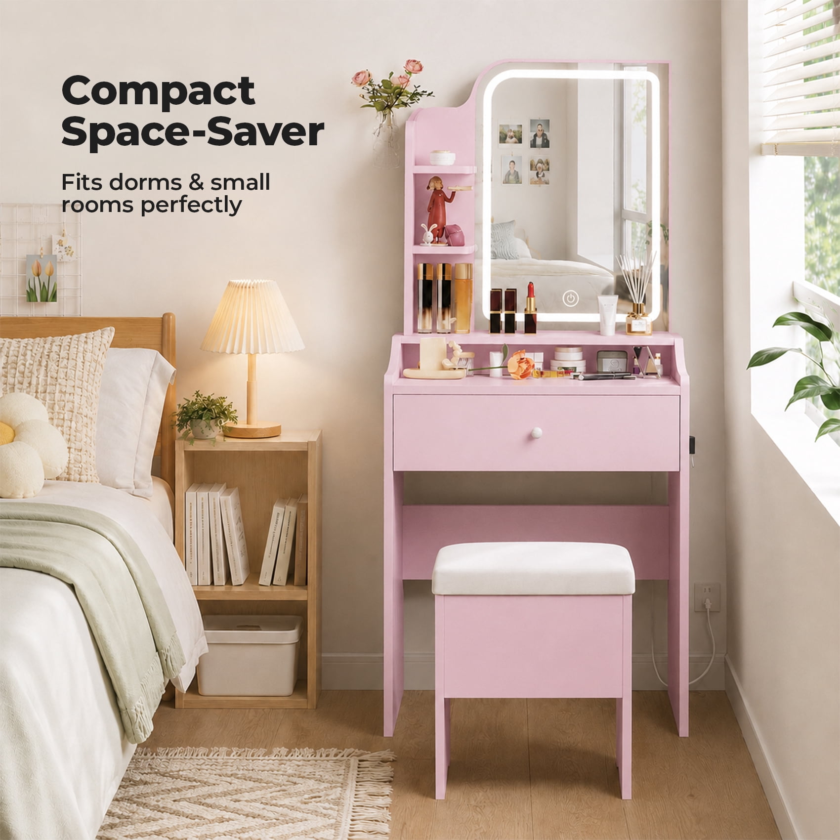 Alvantor Vanity Desk Set With Mirror, Lights, Storage Drawer, And Stool