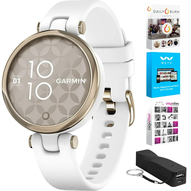 Garmin 010-02384-00 Lily Sport Edition, Cream Gold Bezel with White Case &  Silicone Band Bundle with Deco Essentials 2600mAh Power Bank and Tech Smart  USA Fitness & Wellness Suite