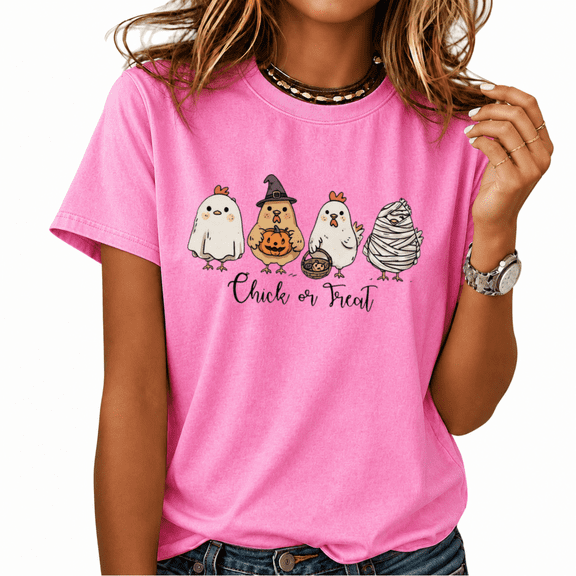 Cozymy Chick or Treat Cartoon Chicken Washed Print T-Shirt Women's Short Sleeve Crewneck