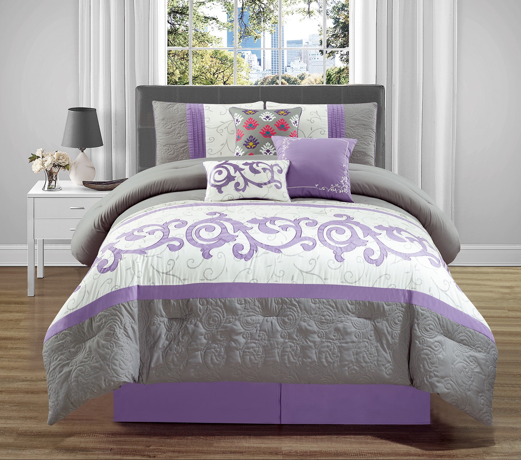 WPM 7 Pieces Complete Bedding Ensemble Beige Lavender Purple Grey