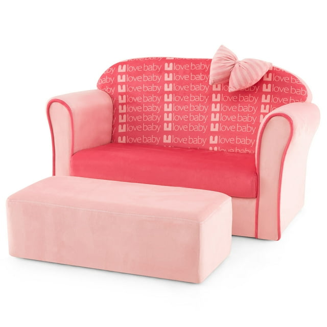 Gymax Kids Double Sofa Velvet Upholstered Sofa Couch w/Footstool & Armrests Pink