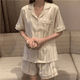 thumbnail image 4 of Pijama de seda de hielo para mujer, traje de dos piezas fino de verano de manga corta de seda artificial para el hogar, 4 of 5
