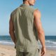 thumbnail image 5 of Camiseta sin mangas con cuello vuelto para hombre, de lino, de color liso, informal, sin mangas, con botones y bolsillos, de poliéster, para verano, 5 of 9