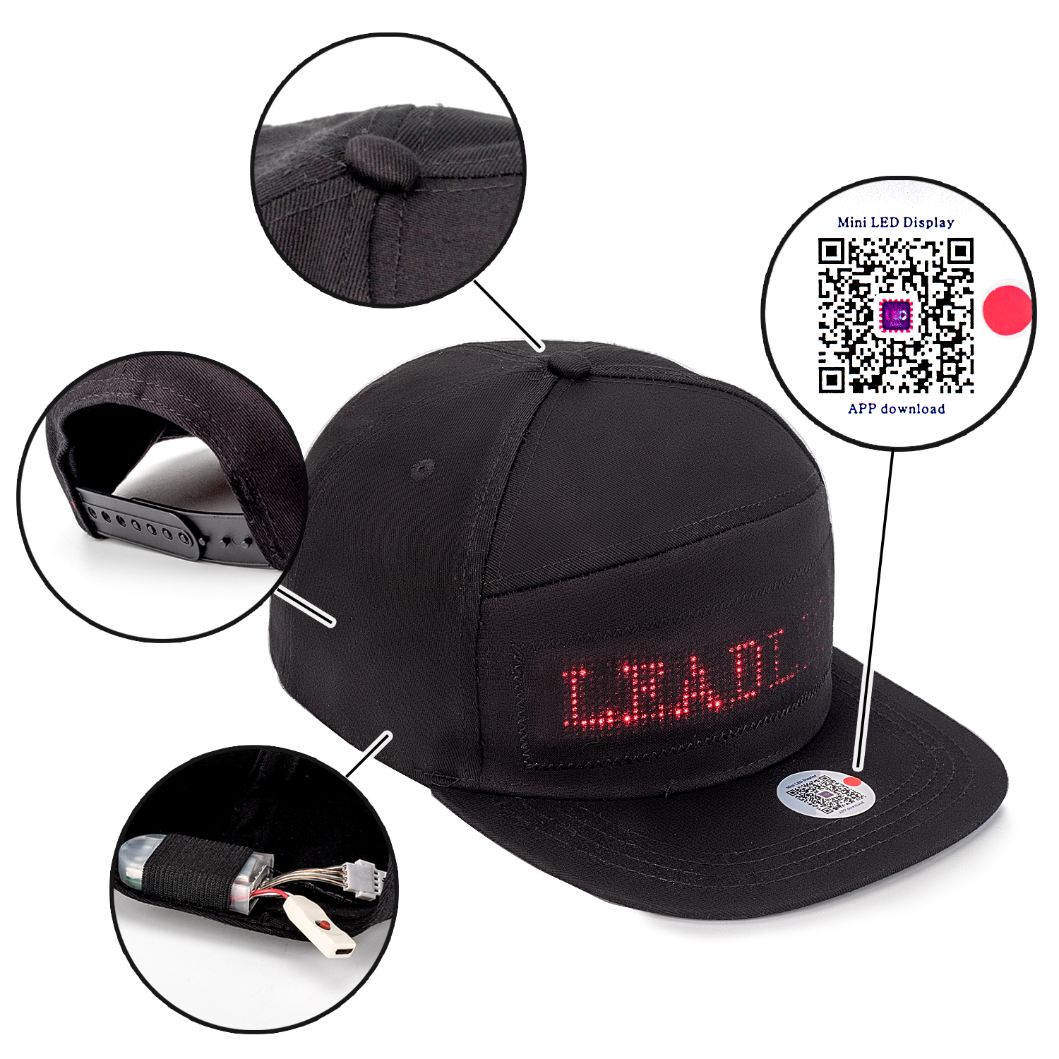Women\'s Black Led Display Up Baseball Cap With Bluetooth Personalized Messages Leadleds LED Hat, Bluetooth-compatible, Editable Display  main image 2