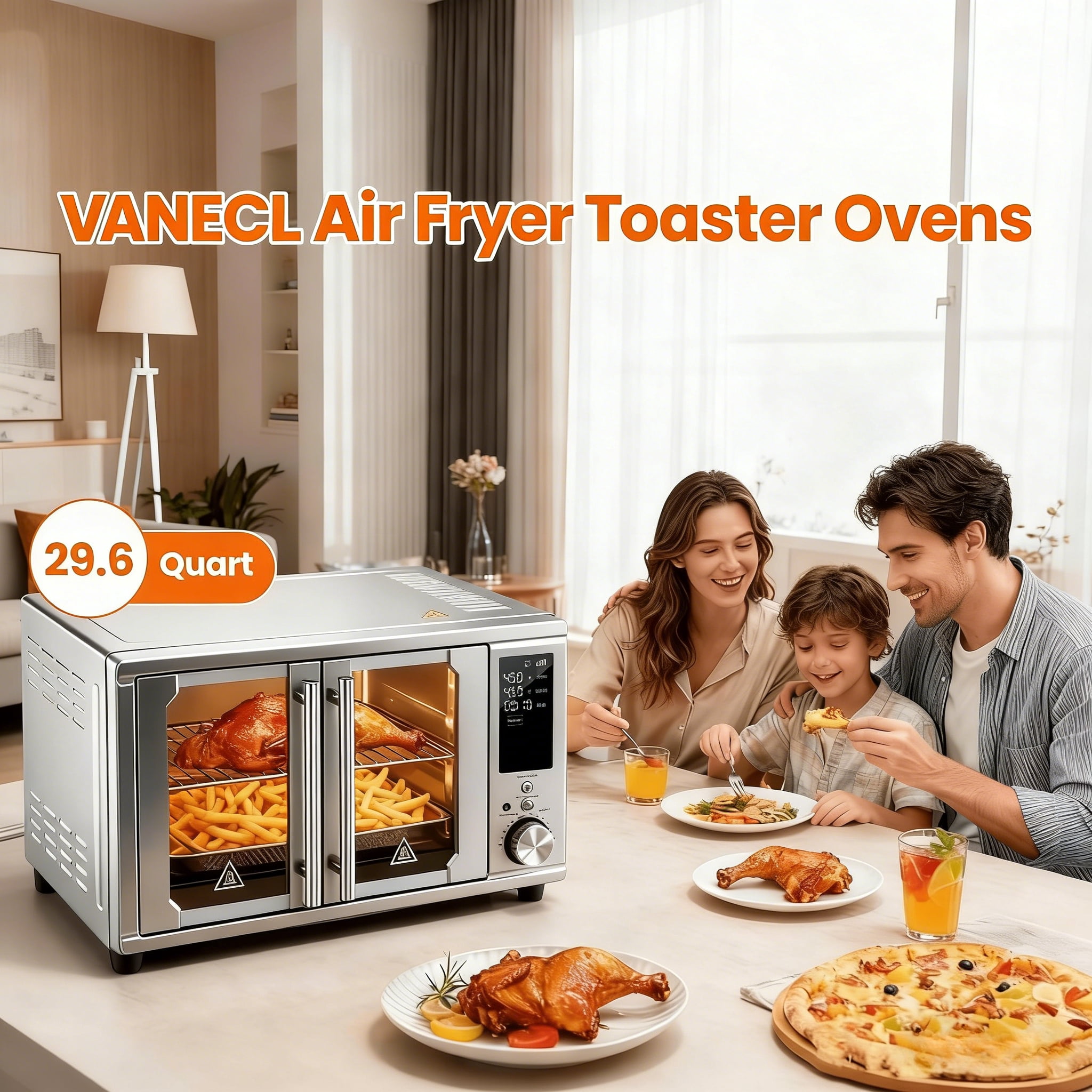 VANECL French Door Air Fryer Toaster Oven Combo, 29.6QT Extra Large Countertop Convection Oven, 12 Cooking Presets, Stainless Steel