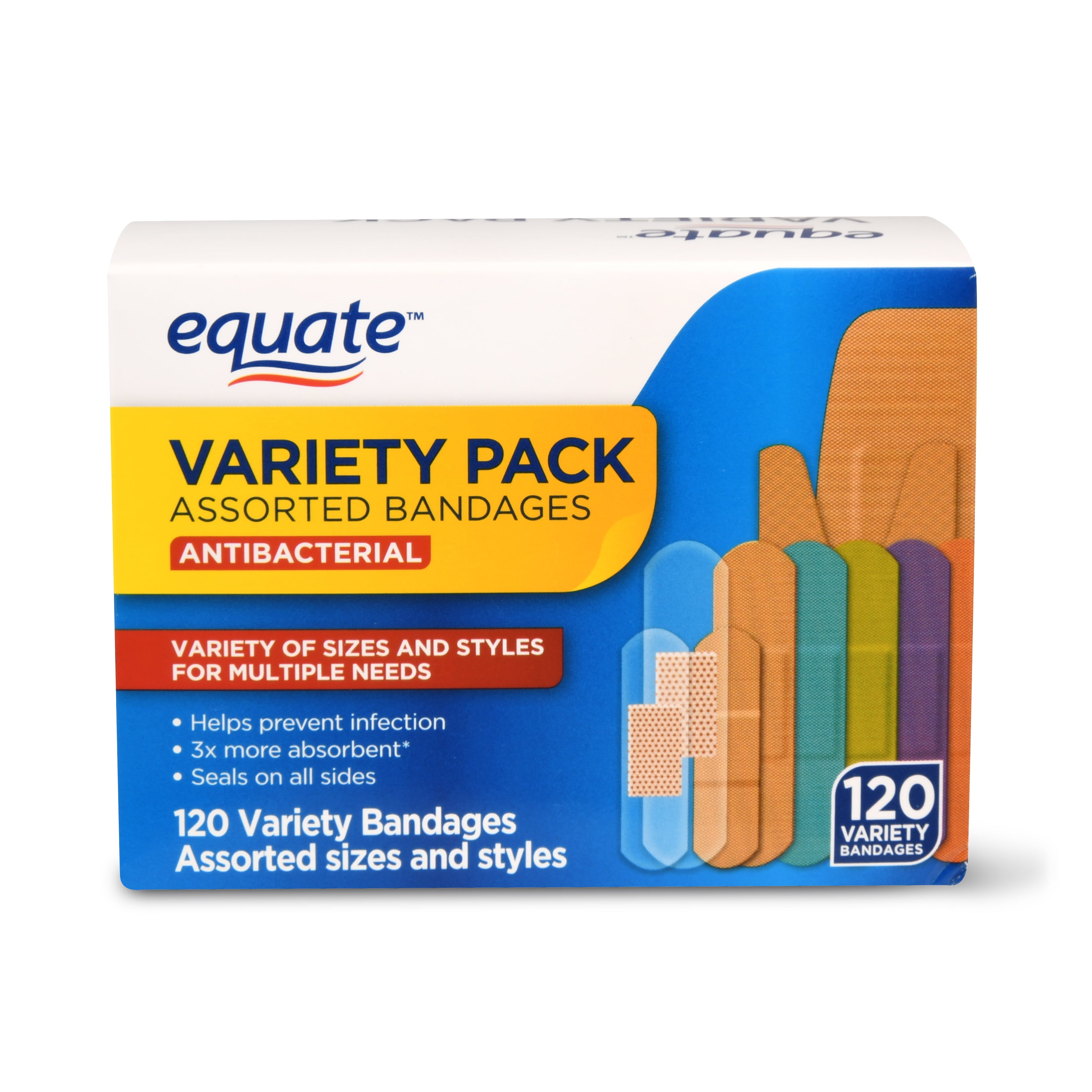 Equate Antibacterial Assorted Bandages Variety Pack, 120 Count