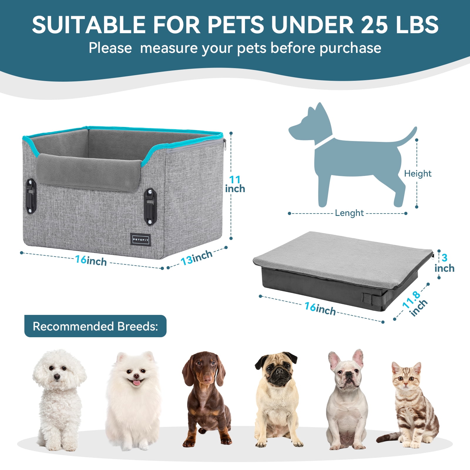 PETSFIT Dog Car Seats for Small Dogs, Portable Dog Booster Car Seat with Patent Safe Buckles,Pets Up to 25lbs ,Grey