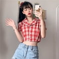 thumbnail image 2 of Camisa de mujer Summer Plaid Manga corta Botón Chaqueta Coat para niñas, Rojo Sweethay AP001451-01B, 2 of 7