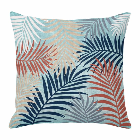 Throw Pillow Covers, Red Blue Teal Palm Leaves Decorative Throw Pillow Covers 18x18 Inch, Summer Botanical Tropical Leaf Square Linen Pillow Cases for Couch/Living Room/Sofa