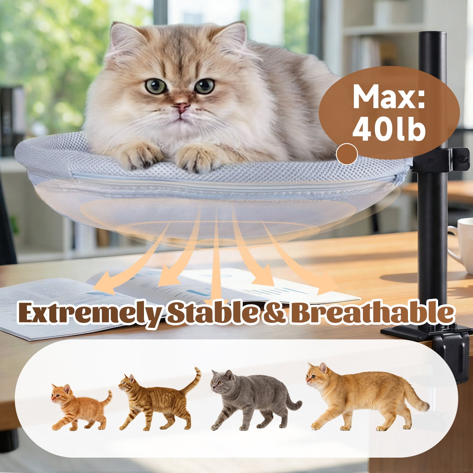 Cat Desk Bed with Interactive Hanging Ball, 360° Rotating & Height Adjustable Cat Hammock Perch, Cats Bed for Desk with Removable Washable Cover for Home Office Indoor Cats