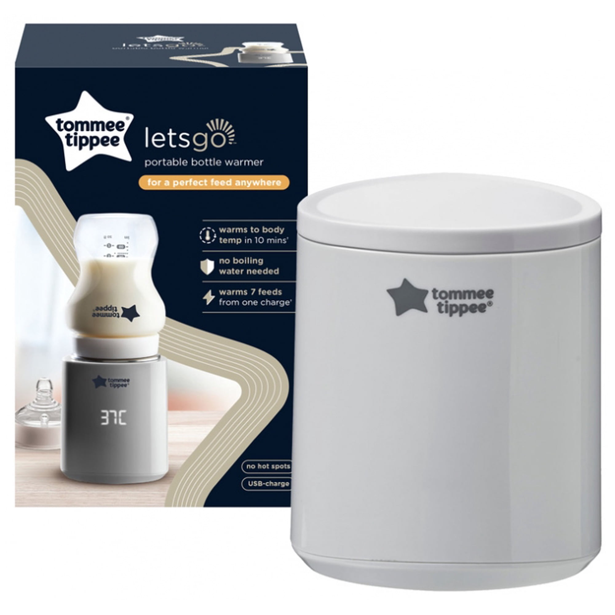 Tommee Tippee LetsGo Portable Bottle Warmer – USB Rechargeable, Gentle Warming, 3 Temperature Settings, Includes Adapters