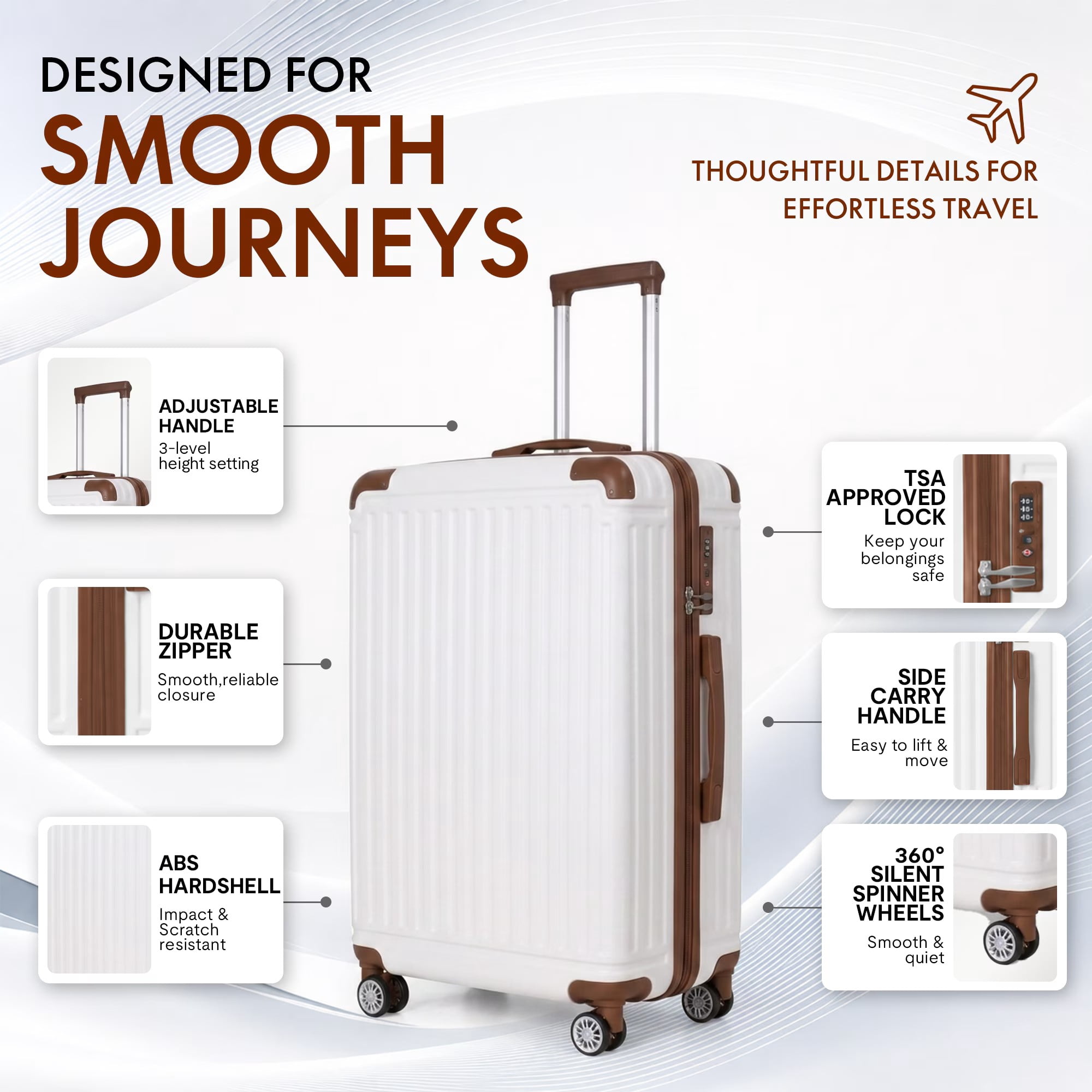 avobird 3-Piece ABS Hardshell Luggage Set – Lightweight and scratch-resistant, featuring silent 360° spinner wheels and TSA-approved locks, 20"/24"/28", White