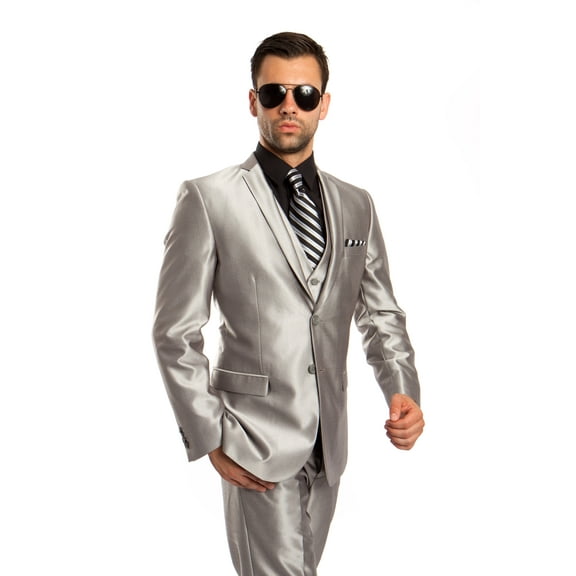 Mens Suit Two Piece Solid Notch Lapel Set With Free Matching Vest