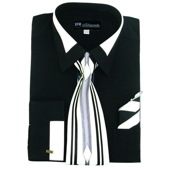 Milano Moda Men's Fashion Dress Shirt With Contrast Design Tie Hankie & Cuffs, Black, 18"-18.5" Neck 34"-35" Sleeve