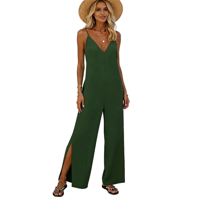 TaTaai Women's Summer Loose Wide Leg Jumpsuit V-Neck Adjustable Spaghetti Straps Side Slit And Pockets Casual Fashion Long Jumpsuit Gift