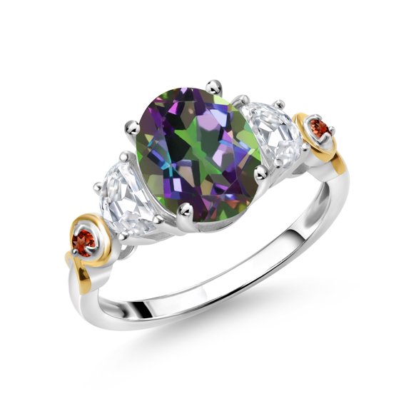 Gem Stone King 925 Silver and 10K Yellow Gold 3-Stone Ring Oval Green Mystic Topaz and Moissanite (2.83 Cttw, Size 6)