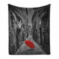 thumbnail image 1 of Black and White Soft Flannel Fleece Throw Blanket, Red Umbrella on a Dark Narrow Street in Tuscany Italy Rainy Winter, Cozy Plush for Indoor and Outdoor Use, 70" x 90", Grey Vermilion, by Ambesonne, 1 of 6