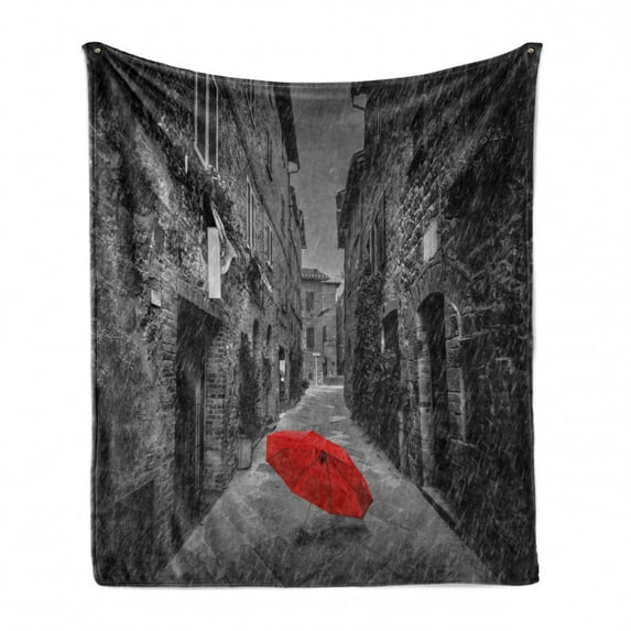 Black and White Soft Flannel Fleece Throw Blanket, Red Umbrella on a Dark Narrow Street in Tuscany Italy Rainy Winter, Cozy Plush for Indoor and Outdoor Use, 50" x 60", Grey Vermilion, by Ambesonne