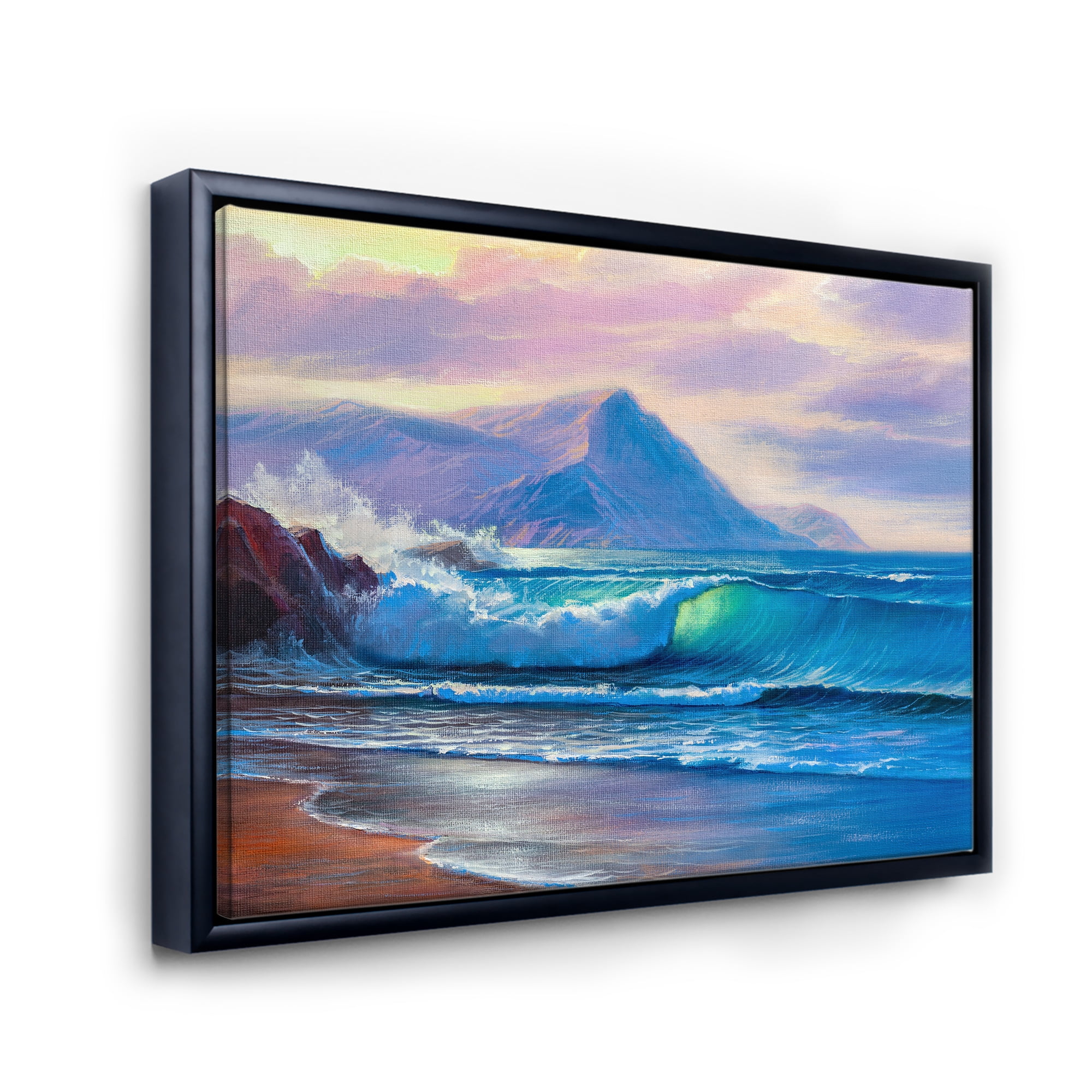 Designart 'Blue Waves Breaking At The Beach Landscape I' Nautical & Coastal Framed Canvas Wall Art Print