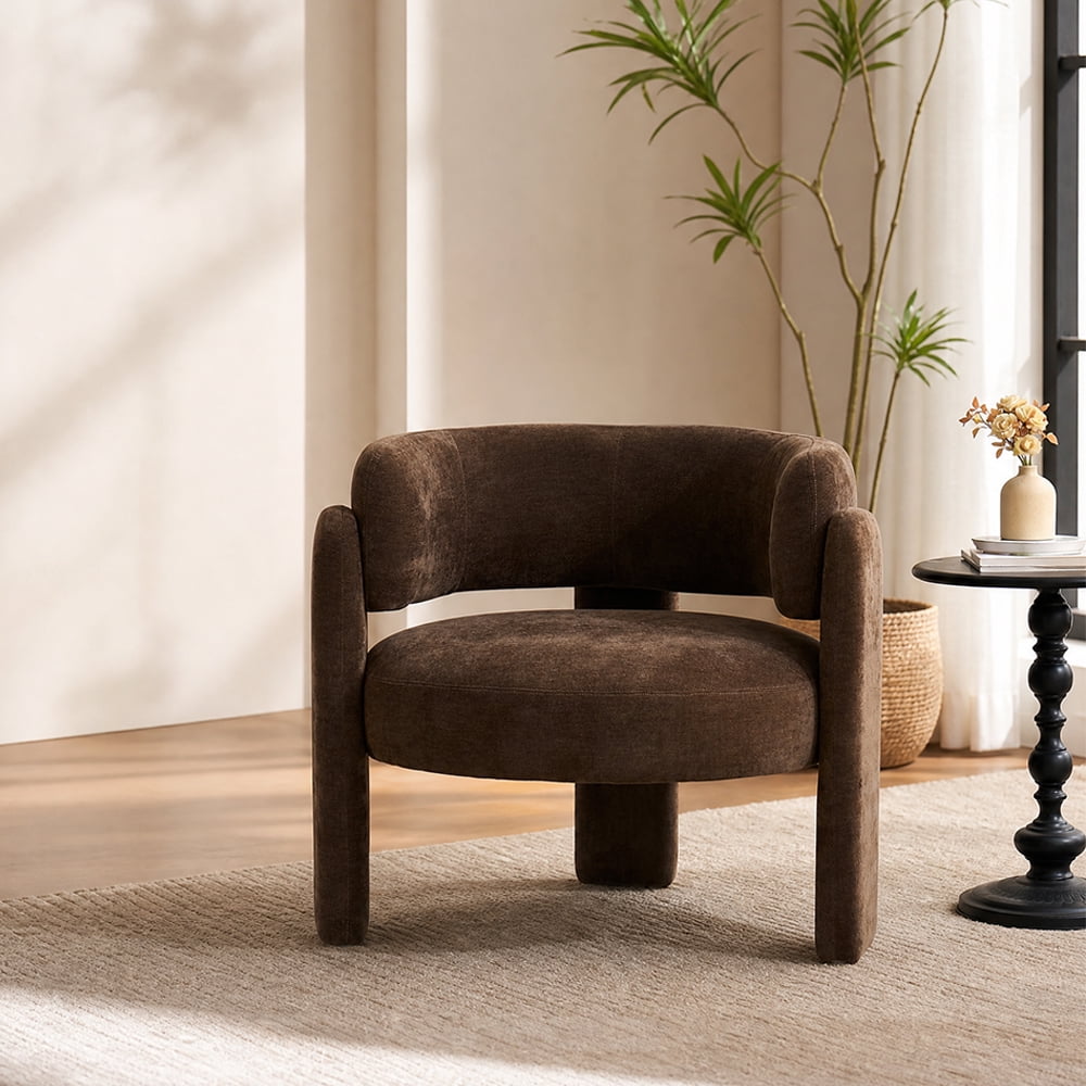 ENYLAY Mid Century Modern Accent Barrel Chair, Upholstered Sherpa Armchair with Curved Backrest & 3 Legs, Cozy Reading Chair for Bedroom Living Room (Brown)
