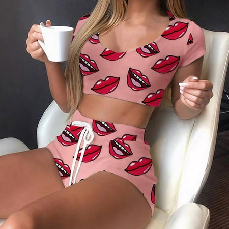 

Knosfe 2 Pack Crop Top And Shorts Paw Print Nightgown Pajamas Set Sexy Sleepwear Pjs for Women