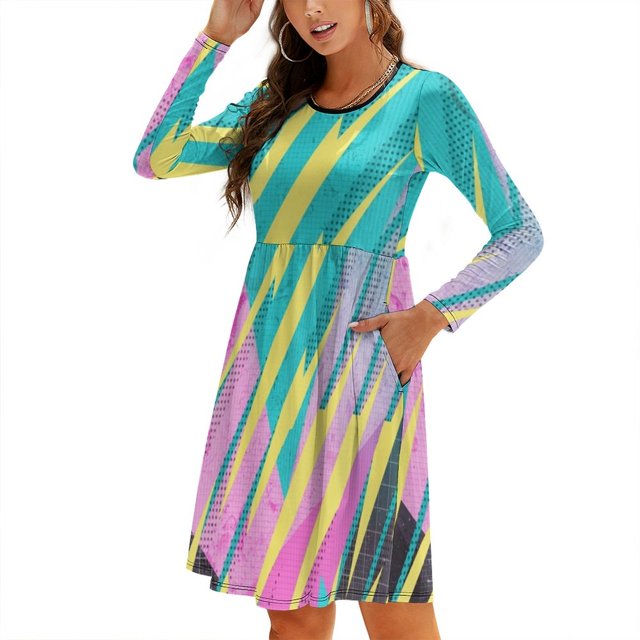Memphis Style Graphique Robe Évasée Nœud Cœur Tonnerre Jaune Design Mode Grande Taille Robe Ample Tonnerre Jaune Memphis