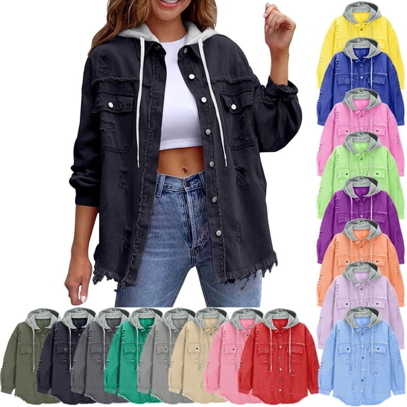 Women's Oversized Denim Jacket with Hood Long Sleeve Button Up Jean Jackets Frayed Hem Shacket Retro Western Boyfriend Coat