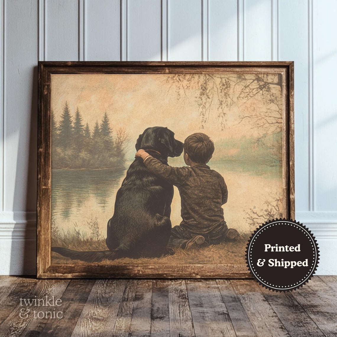 Black Labrador And Boy Neutral Nursery Rustic Baby Room Antique Bedroom Art Rustic
