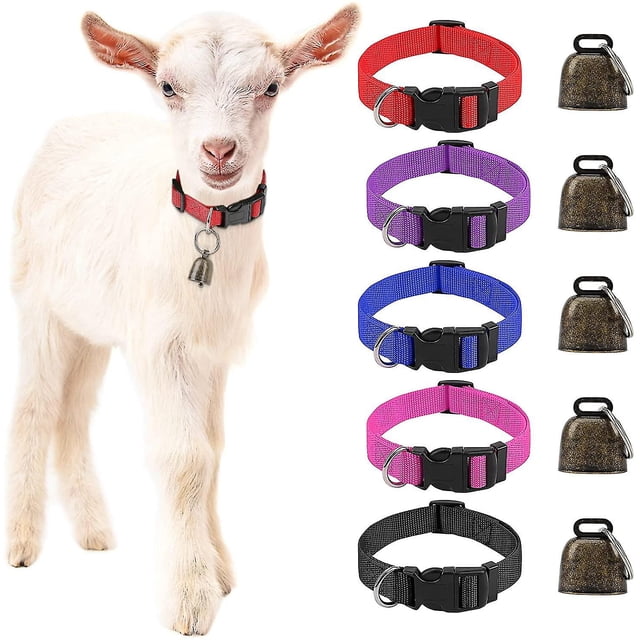 Paquete de 5 collares de cabra con campanas, campanas de cobre para pastoreo de ovejas y caballos de vaca y juego de collar de nailon ajustable, campana de bronce fuerte antipérdida para mas