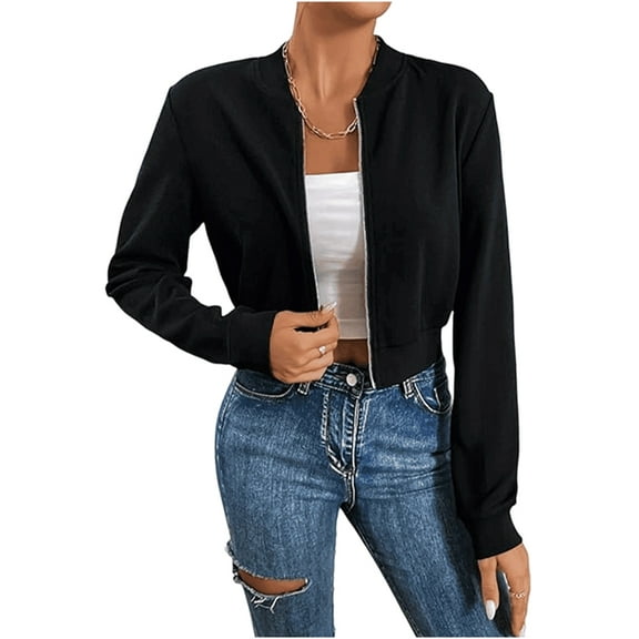 Flight Jacket Women Light-Weight Casual Zip Up Jacket Cropped Long Sleeve Fashion, Fall Black L