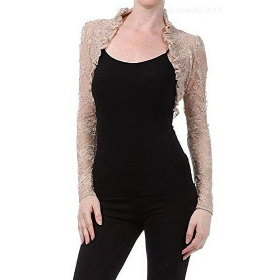 Juniors Long Sleeve Lace Smoked Shrug Bolero, Cropped Jacket Short Cardigan (Juniors' Large, Taupe)
