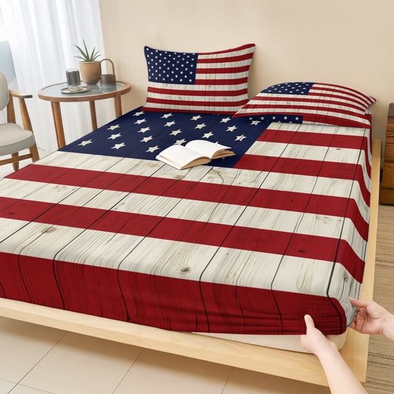 Twin XL Size Fitted Sheet Set - American Flag 2 Piece Bedding Sets 16" Deep Pocket Fitted Sheet with 1 Pillowcases, Vintage Wooden Star Striped Red Blue Brushed Microfiber Hotel Luxury Bed Sheets