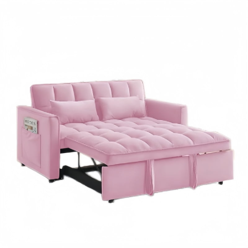 3 in 1 Convertible Sleeper Sofa Bed, 55" Modern Loveseat Pull Out Couch with Adjustable Reclining Backrest & Side Pockets, Velvet Loveseat for Living Room