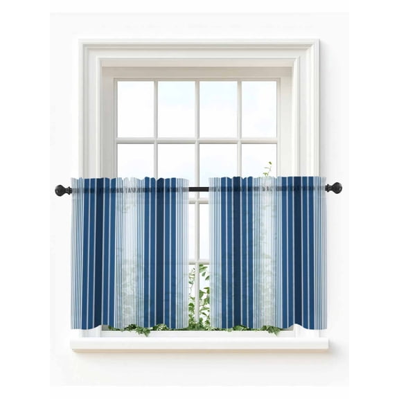 Navy Blue Ombre Stripe Tier Curtains 24 Inch Length,Sheer Curtains for Bedroom Living Room Window Farmhouse Simple Striped Rod Pocket Drapes Kitchen Curtains Small Half Window 27.5"x24" 2 Panels